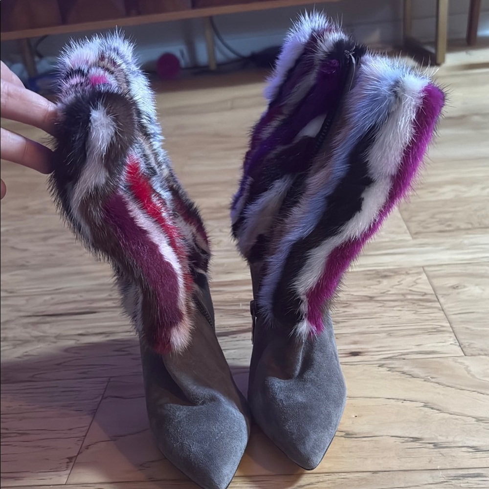 Brian Atwood Gray and Red Ankle Boots with Furry Trim